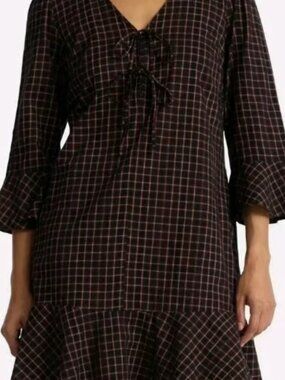 Time & Tru Plaid Tie Front Mini Dress XS Black Red Bell Sleeves